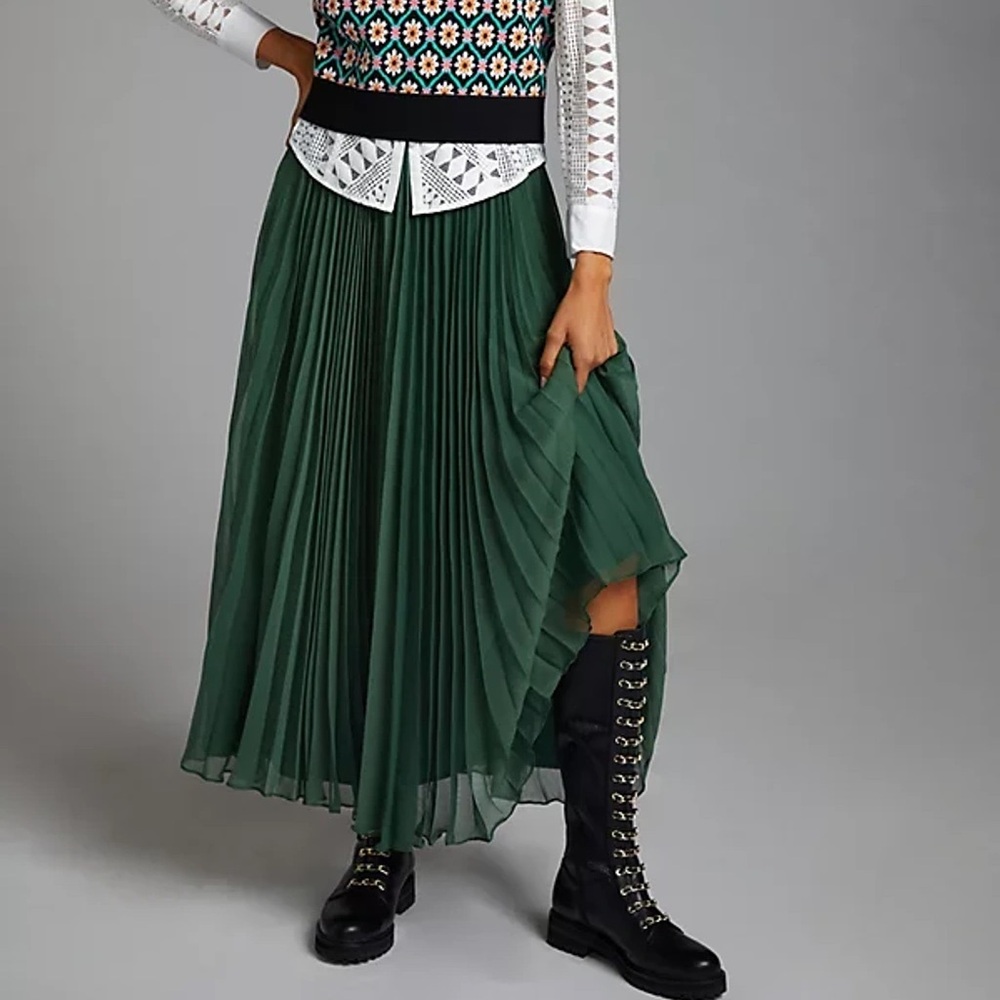 Anthropologie Forest Green Pleated Maxi Skirt